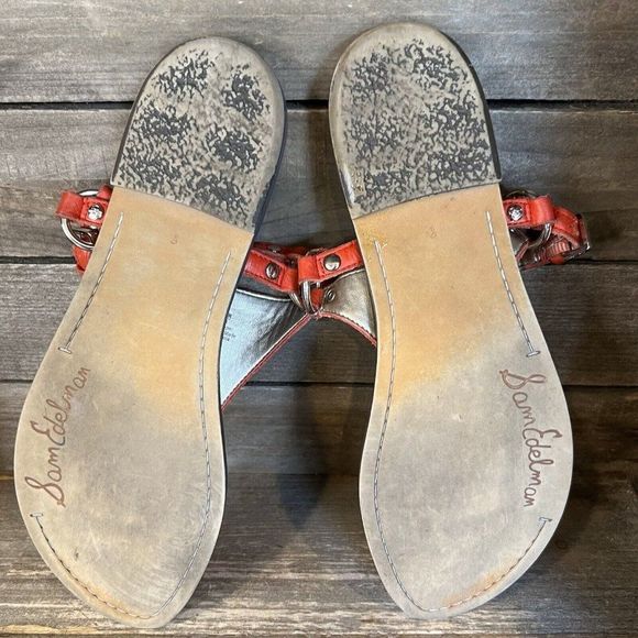 Womens Sam Edelman Greta Red Pebbled Leather Thong Sandals Size 8 M GUC - Picture 5 of 6